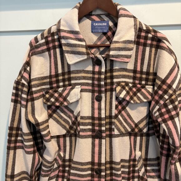 Cavalini Jacket Women Medium Brown Pink Cream Plaid Shacket Button Pockets Fall‎ - Picture 3 of 10